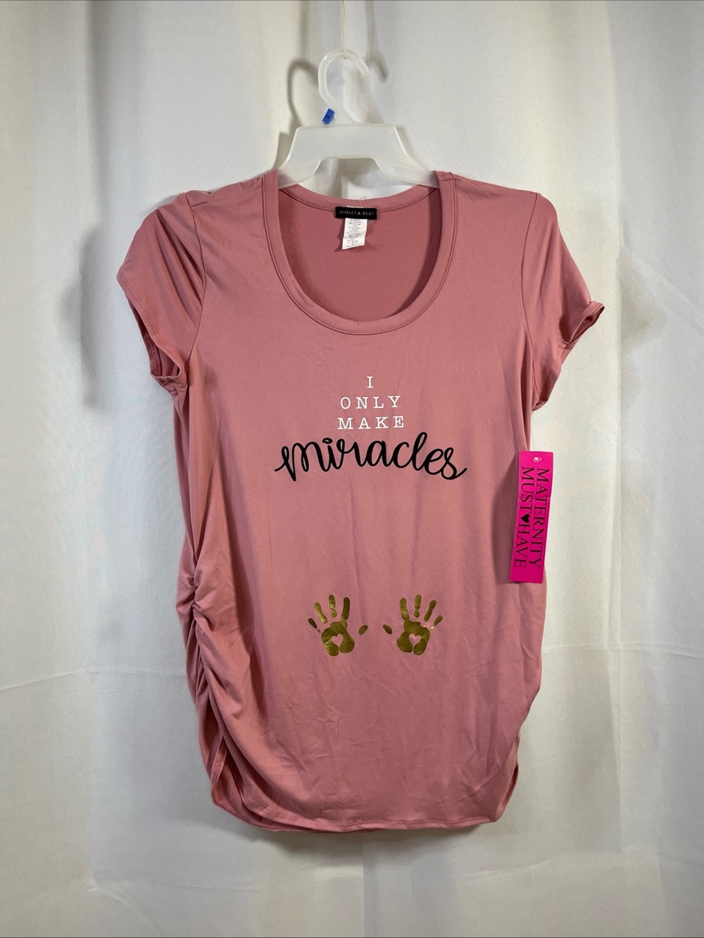 NWT Violet & Ruby Maternity T Shirt Women's Pink I Only Make Miracles Hands XL